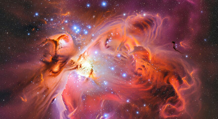 Magnificent Stellar Nursery: Warm Orange, Red, and Purple Galactic Clouds
A stunning, wide-field image of a magnificent star-forming region, showcasing a brilliant mix of warm orange