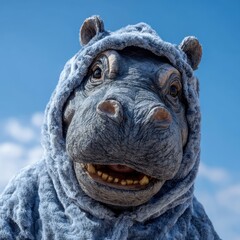 Close-up of a hippopotamus costume with a blue sky background, highlighting texture and character details. 