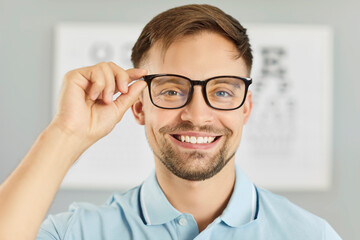 Portrait of a happy man in glasses at an ophthalmological clinic. Headshot of a smiling handsome...
