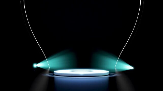 3D render of a glowing white circular stage with two bright teal spotlights shining on it, set against a dark, minimalist background. Ideal for product display, presentations, or futuristic concepts.