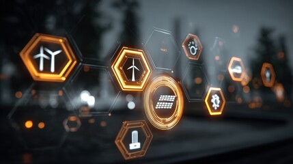 Smart City Technology: Hexagonal Icons Representing Sustainable Energy Solutions
