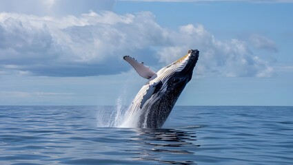 Fototapeta premium Humpback whale breaching water surface with blue sky and clouds visible in background