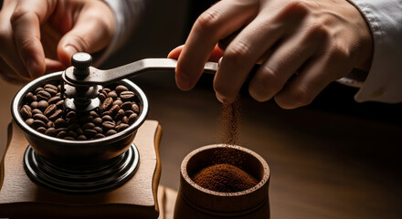 Grinding roasted coffee beans with manual hand grinder