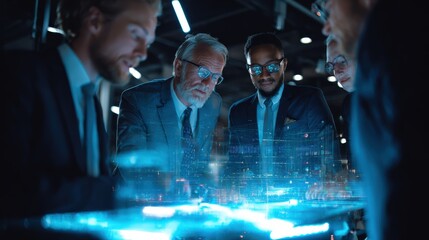 Diverse Business Team Analyzing Holographic Data on Table