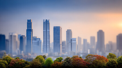 Obraz premium A stunning city skyline at sunset, showcasing modern skyscrapers surrounded by lush greenery.