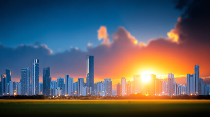 Fototapeta premium A stunning city skyline at sunset, showcasing modern architecture and dramatic colors in the sky, perfect for urban-themed projects.