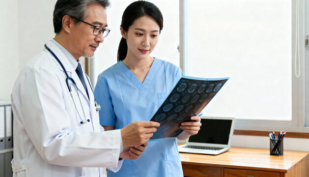 Medical professionals reviewing brain MRI scans, doctor with stethoscope and nurse analyzing diagnostic report in bright office, teamwork in healthcare and radiology - Powered by Adobe