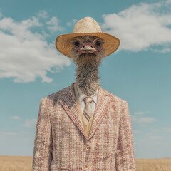 Ostrich in formal wear with hat in a field, showcasing a fusion of nature and sophistication in a surreal and stylish composition.