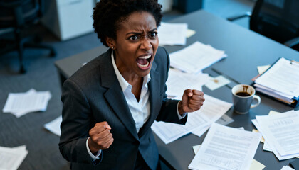 Frustrated business woman shouting with intense emotion, stress and anger in professional office setting, corporate pressure, workplace conflict, emotional outburst, business stress
