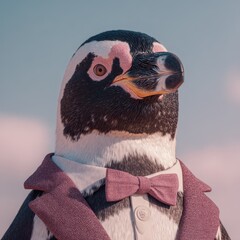 A penguin dressed up in a suit and bow tie, against a bright outdoor background with pink accents. It looks adorable and amusing.