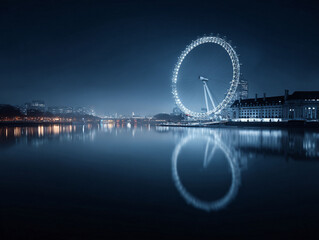 Dramatic nightscape featuring a glowing observation wheel reflected in a serene river. Evokes wonder, travel, and modern architecture. Ideal for tourism, business, or aspirational themes.