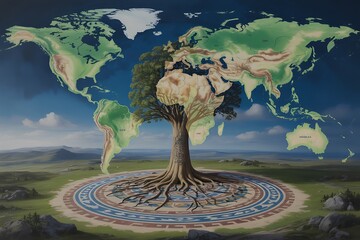 Explore the world's deep roots with this vibrant landscape, a unique concept blending nature and geography for global connection and environmental awareness