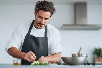 Mature man preparing fresh salad in a modern, bright kitchen. Healthy eating, culinary arts, lifestyle concept. Focus, precision, and attention to detail.