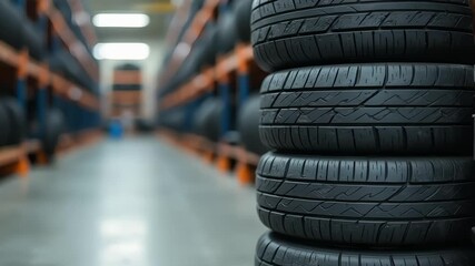 Stacked tires in a warehouse storage facility with shelving and organized rows - Powered by Adobe