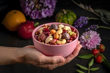 Handful of mixed nuts and fruits with flowers on white background