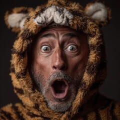 Surprised man wearing a tiger-themed hooded outfit looking wide-eyed, in front of a dark background with a comical expression.