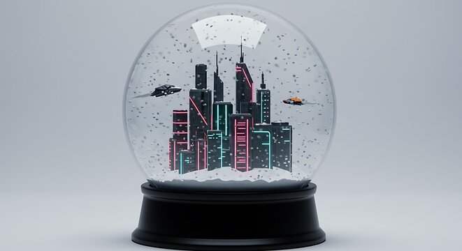 Futuristic Cyberpunk Cityscape Snow Globe with Flying Vehicles, Modern Winter Fantasy - Powered by Adobe