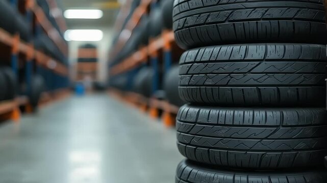 Stacked tires in a warehouse storage facility with shelving and organized rows