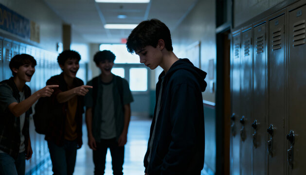 Teenage bullying and harassment in a school hallway. Sad, lonely student is a victim of peer pressure and social exclusion as other teenagers laugh and point. Youth mental health.