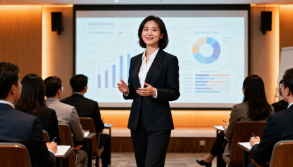 Confident Asian businesswoman leading a presentation at a corporate seminar. Female coach speaking, explaining business strategy and financial data analysis with charts to an audience.