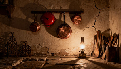 Rustic kitchen still life with vintage copper pots, red pan, and wooden utensils hanging on a weathered wall. Moody atmospheric scene with antique cookware by warm lamp light.
