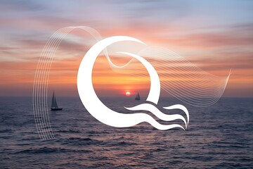 Sailing into a vibrant future with serene sunset graphic, perfect for travel brand, logo, and coastal lifestyle promotion