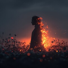A woman's silhouette, ethereal glow, standing amongst dark foliage. Sunset or dawn? A blend of beauty and somber tones evokes a dreamlike state.