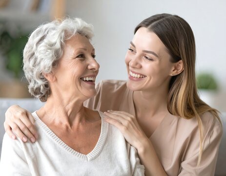 Two women, likely mother and daughter, laughing and interacting