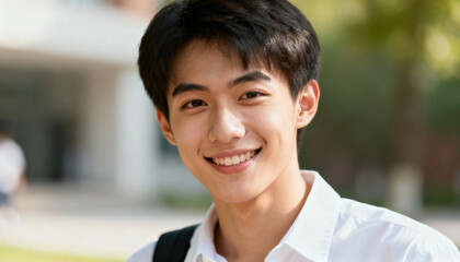 Portrait of a happy handsome young Asian male university student smiling at camera on campus. Concept of education, bright future, success, confidence, and positive youth lifestyle.
