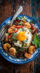 Delicious shrimp dish served with a sunny-side-up egg and fresh herbs on a rustic wooden table