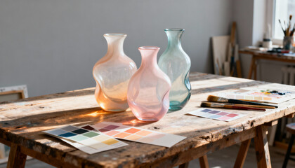 Elegant abstract glass vases on rustic wood table in sunlit artist studio. Creative process with color swatches and paintbrushes. Still life, home decor, craftsmanship concept.