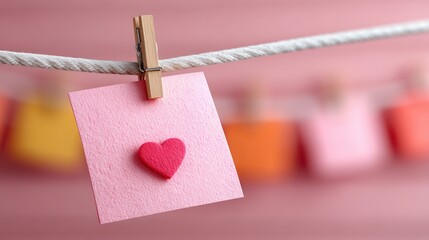 Close Up of Pink Paper Note Attached with Heart Clip on Rope Against Blurred Pastel Background Romantic Theme