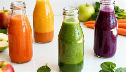 Colorful assortment of fresh cold-pressed juices in glass bottles. Healthy lifestyle with raw vegetable and fruit smoothies for wellness detox, clean eating and dieting.