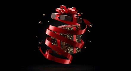 Elegant Dark Christmas Gift Box with Spiraling Red Ribbon and Gold Accents, Festive Luxury