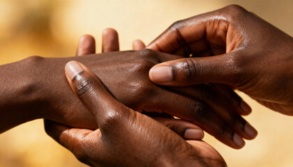 Fototapeta premium African American woman's hands in a close up. Self-care and pampering concept. A female applying moisturizing lotion, body oil, or cream. Natural beauty and wellness.