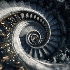 Dramatic spiral staircase made from stone, with decorative gold railings. A vertiginous view from above descends the stone tower.