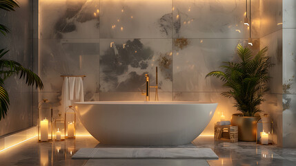 luxury bathroom with marble walls, freestanding bathtub, golden fixtures, candles and ambient lighting, cinematic spa atmosphere, 16:9