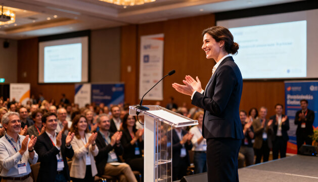 Professional female speaker at a business conference receiving applause from the audience. Successful public speaking event. Corporate seminar presentation with a happy crowd clapping.
