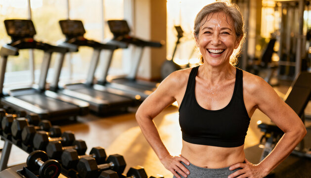 Fit senior woman laughing after workout in the gym. Concept of active healthy lifestyle, vitality, strength, cardio exercise and wellness for older people. Happy sweaty person.