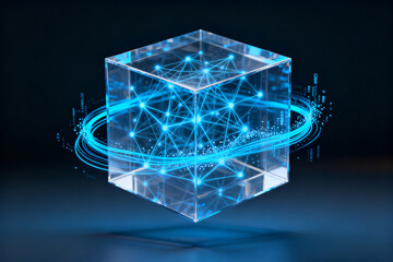 Transparent cube with glowing blue network and orbital rings, representing digital connectivity and data flow.