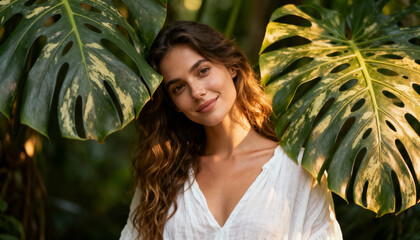 Natural beauty, skincare concept. Beautiful smiling woman with perfect glowing skin posing with large monstera leaves. Tropical jungle vibes for wellness, spa, and clean cosmetics.