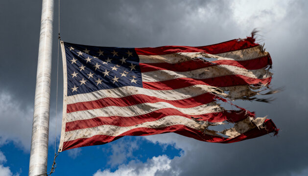 Tattered American flag at half-mast symbolizing mourning, national crisis, and decline. Worn and torn US flag waving in the wind against a dramatic sky. Concept of sacrifice.