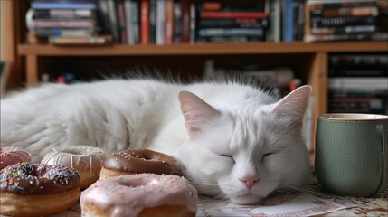 Sleeping white cat rests beside colorful donuts and a warm cup in a cozy indoor setting filled with books