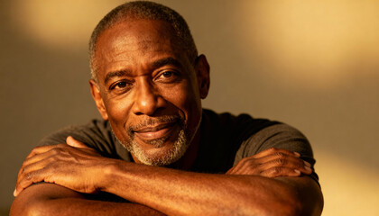 Mature African American man with a confident, thoughtful look. Close up portrait with warm light, representing wisdom, experience, and leadership. Senior black male looking at the camera.
