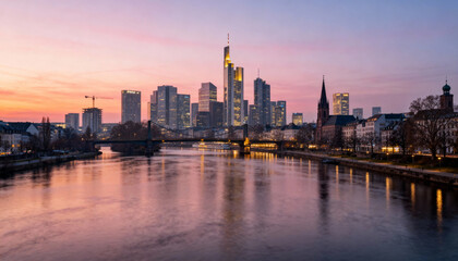 Fototapeta premium Frankfurt am Main skyline at dawn. Cityscape with skyscrapers of the financial district and the Main river with reflections in the morning. Hessen, Germany, Europe business hub.