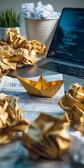 Creative workspace featuring a golden paper boat amidst crumpled papers and a laptop in a cozy environment