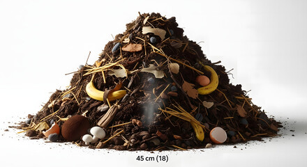 A compost pile featuring various organic waste items, including banana peels and eggshells.