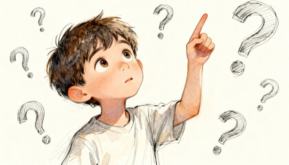 Curious boy pointing up surrounded by question marks. Concept of childhood curiosity, learning, problem-solving, ideas, wonder, asking questions, imagination, education.