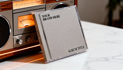 CD jewel case album cover mockup leaning on a retro stereo boombox. Vintage 80s 90s music player for branding and design presentation. Blank template with copy space.