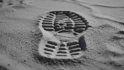 A solitary boot print impressed into the fine sand, a powerful monochrome image symbolizing a single step on a long journey